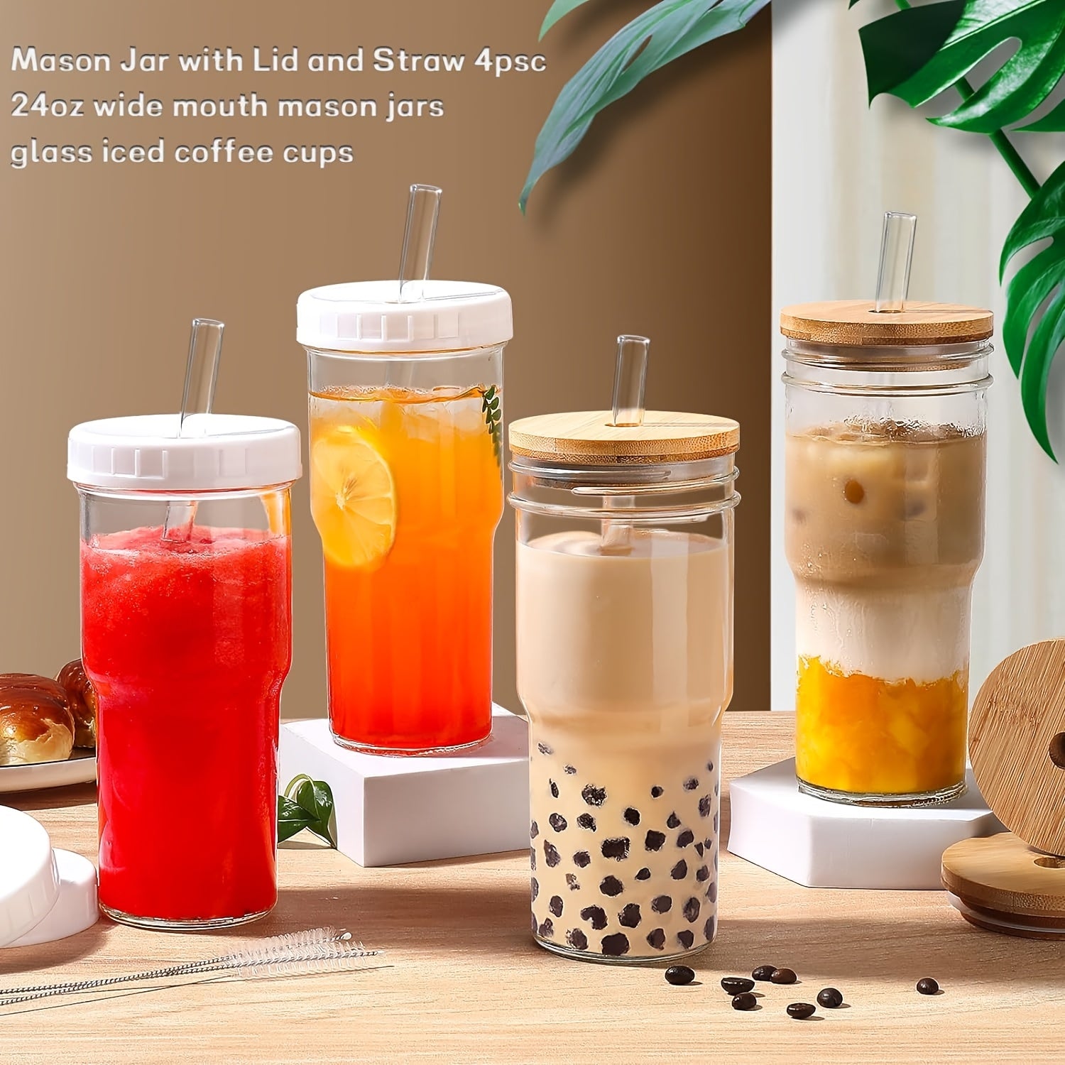 12pcs Glasses (4 White Lids + 4 Wooden Lids + 4 Glasses), Mason Jar Mugs, Storage Jars, 24 Oz Smoothie Glasses, Reusable Iced Coffee Mugs, Boba Mugs, Perfect Christmas Gift, New Year'S Gifts