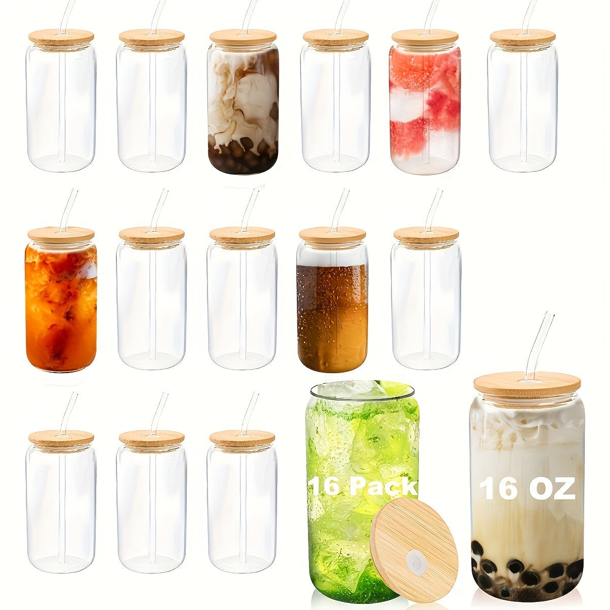 16pcs, 16oz Glass Cup with Straw, Bamboo Lid & Cleaning Brush, Coffee Cup, Bottle Water Coffee Drinking Cup Set for Milk Tea, Juice, Cola, Mother Day, Party, Birthday, Wedding Gift Cup, Kitchen Items
