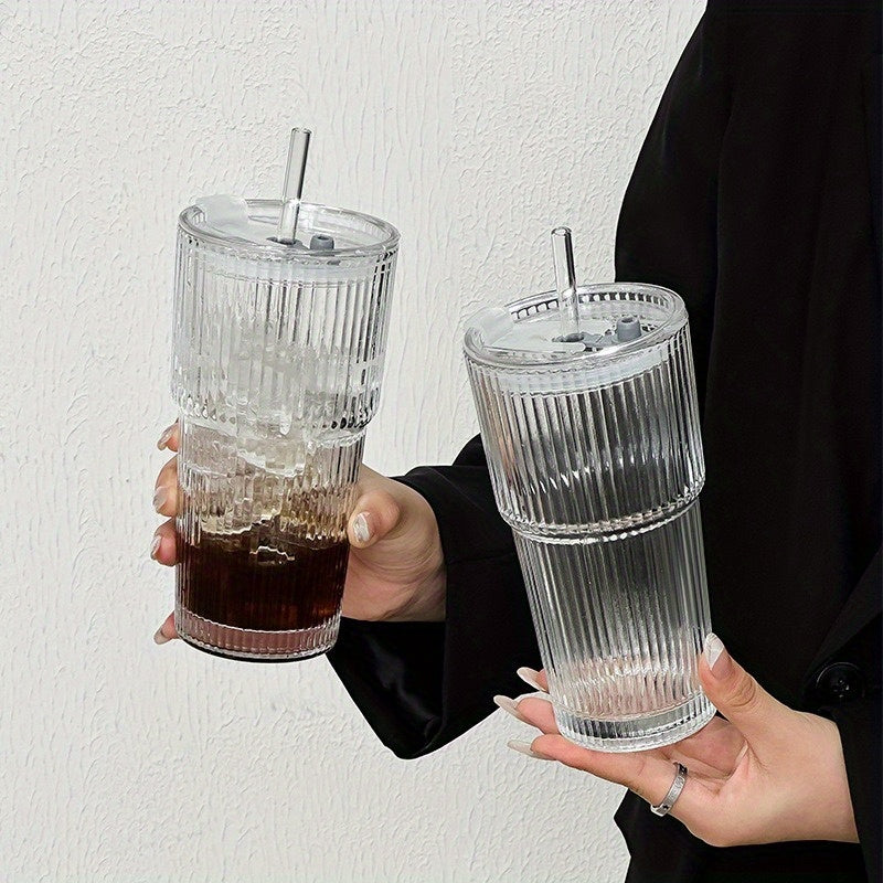 1Set 13.53/20.29oz Cup, Straws and Lids Wind High Value Glass Coffee Cup Simple Vertical Stripe Straw Cup Easy Cup Ice American Latte Water Cup