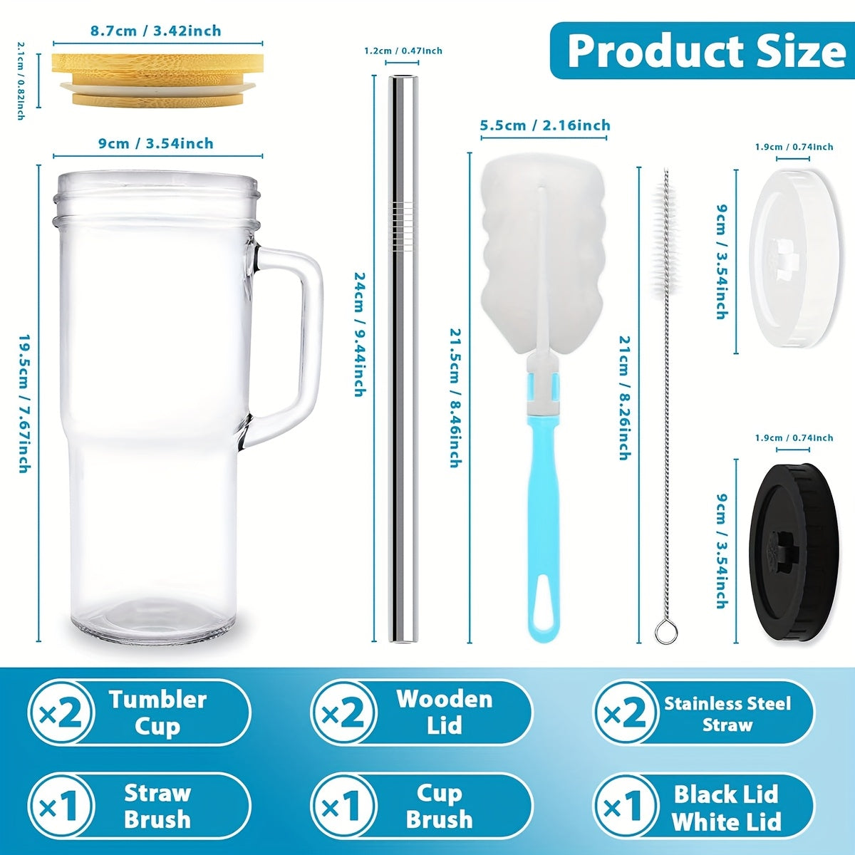 2/4pcs Glass Cup With Handle, Reusable Glass Cup With Lid And Wide Mouth Straw, Boba Cup Smoothie Cup Tipping Cup Iced Coffee Cup Car Cup, Complimentary Straw Brush And Cup Brush