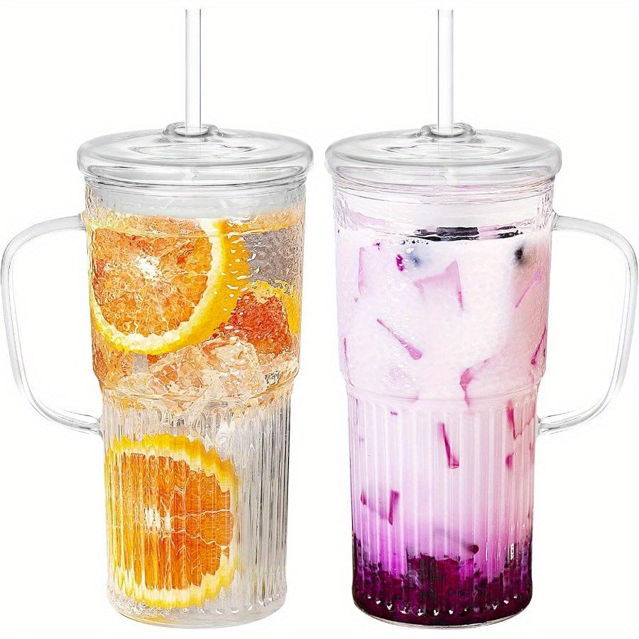 2pcs Amzcku 20oz Borosilicate Glass Tumblers with Lids & Straws - Wide Mouth, Handle, Clear Ice Coffee Cups for Smoothies, Iced Beverages, Citrus & Purple Drinks, Beverage Drinking Glasses | Stylish Clear Cups | Durable Glassware
