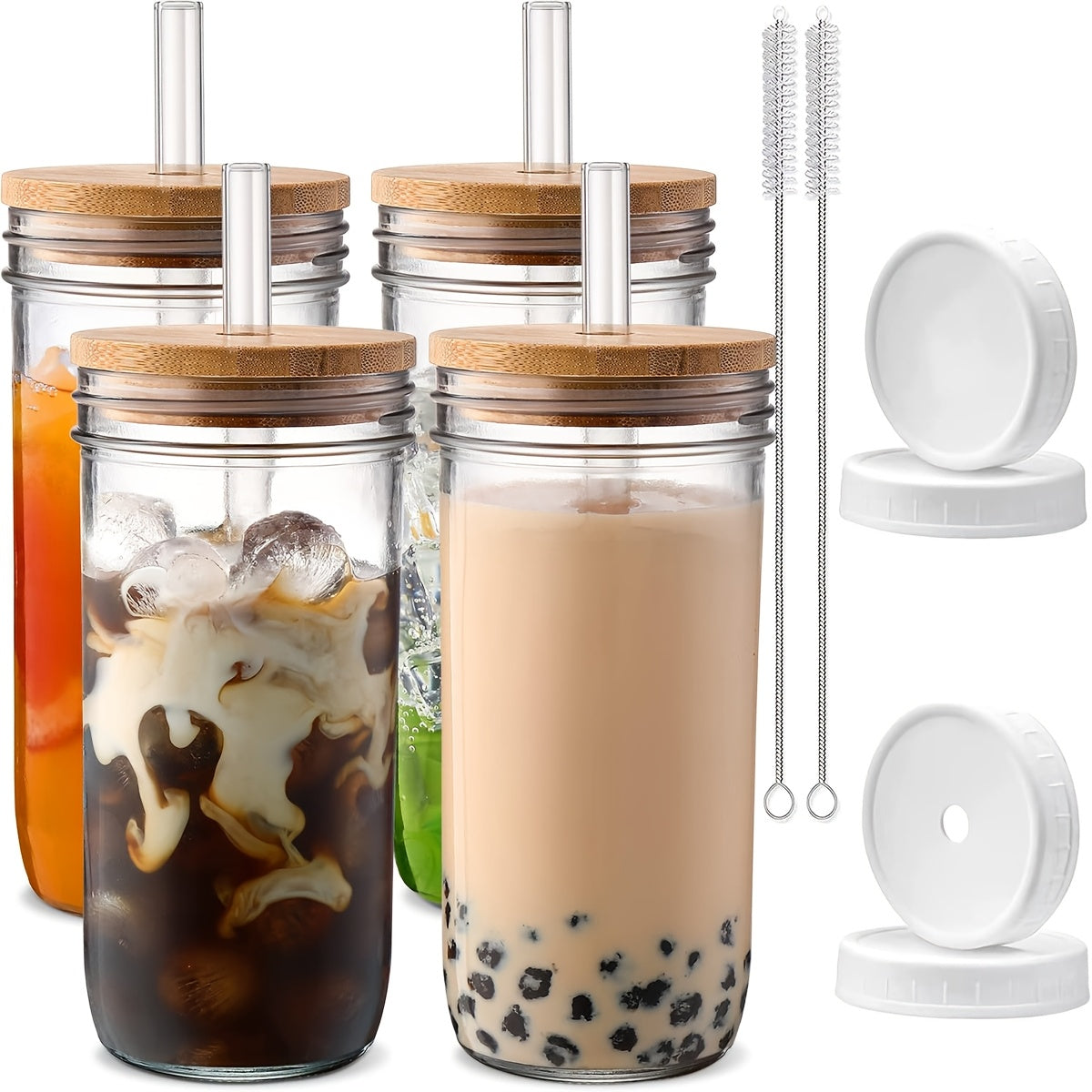 4 Caviar Cups, Large Capacity Glass Cups with Straw And Bamboo Lid, 24oz Mason Cups, Straw Milk Tea Cups, Car Ice Cups, Suitable for Beverages, Milk Tea, Beer, Exquisite Gifts