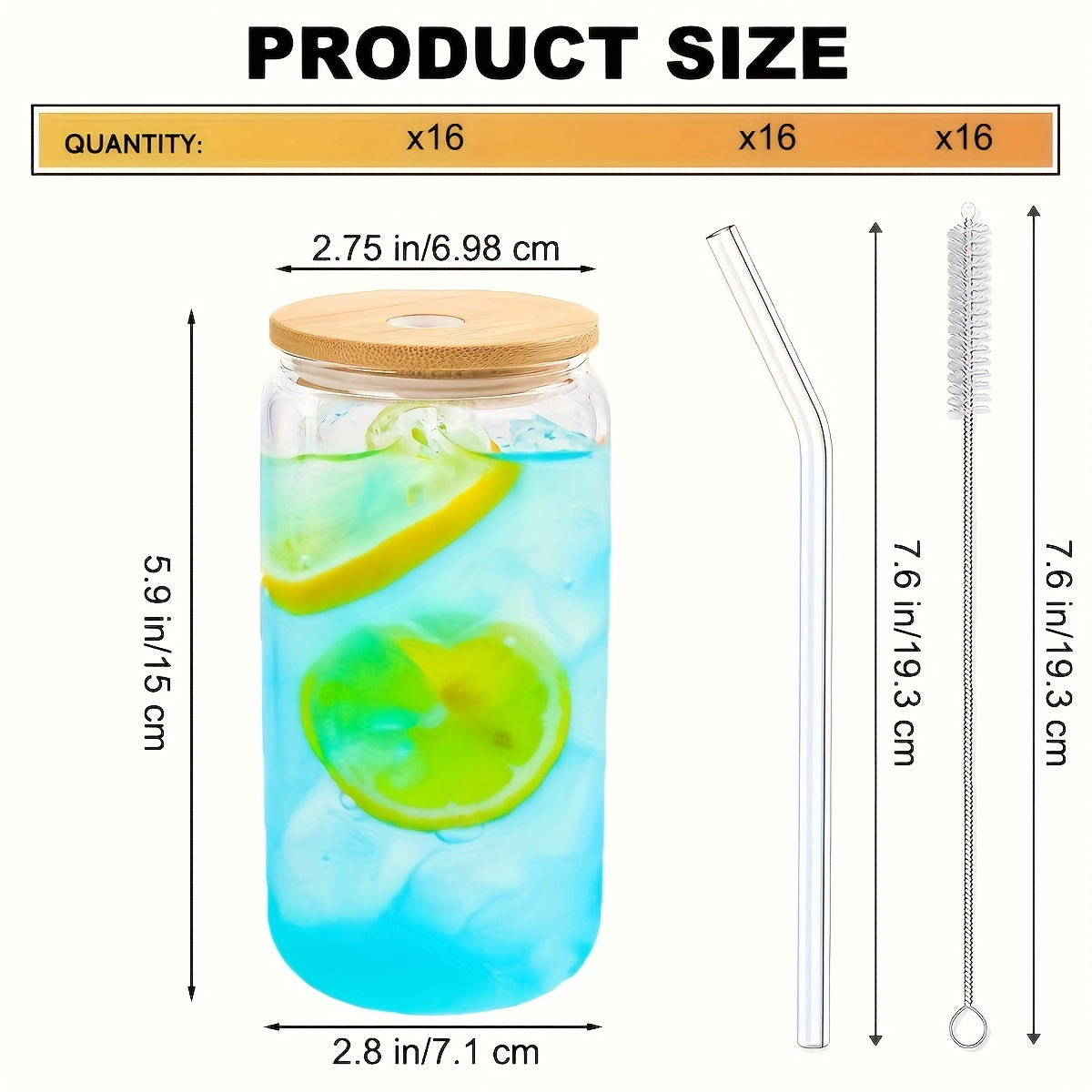 16pcs, 16oz Glass Cup with Straw, Bamboo Lid & Cleaning Brush, Coffee Cup, Bottle Water Coffee Drinking Cup Set for Milk Tea, Juice, Cola, Mother Day, Party, Birthday, Wedding Gift Cup, Kitchen Items