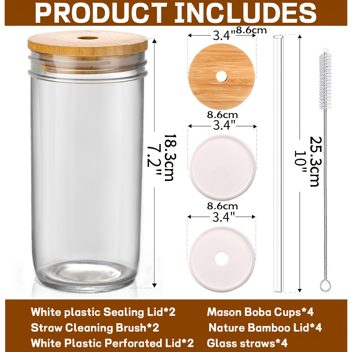 4 Caviar Cups, Large Capacity Glass Cups with Straw And Bamboo Lid, 24oz Mason Cups, Straw Milk Tea Cups, Car Ice Cups, Suitable for Beverages, Milk Tea, Beer, Exquisite Gifts