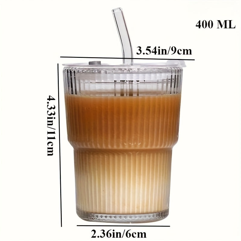 1Set 13.53/20.29oz Cup, Straws and Lids Wind High Value Glass Coffee Cup Simple Vertical Stripe Straw Cup Easy Cup Ice American Latte Water Cup