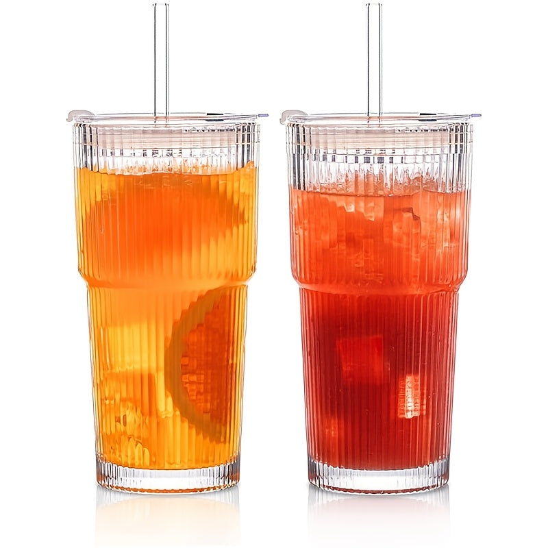 2pcs Set Of 600ml/20oz Glassware with Lid And Glass Straw Ribbed Glass Bucket, Thick Glass, Perfect for Iced Coffee, Smoothies, Cocktails, And Juices - Elegant And Durable Beverages