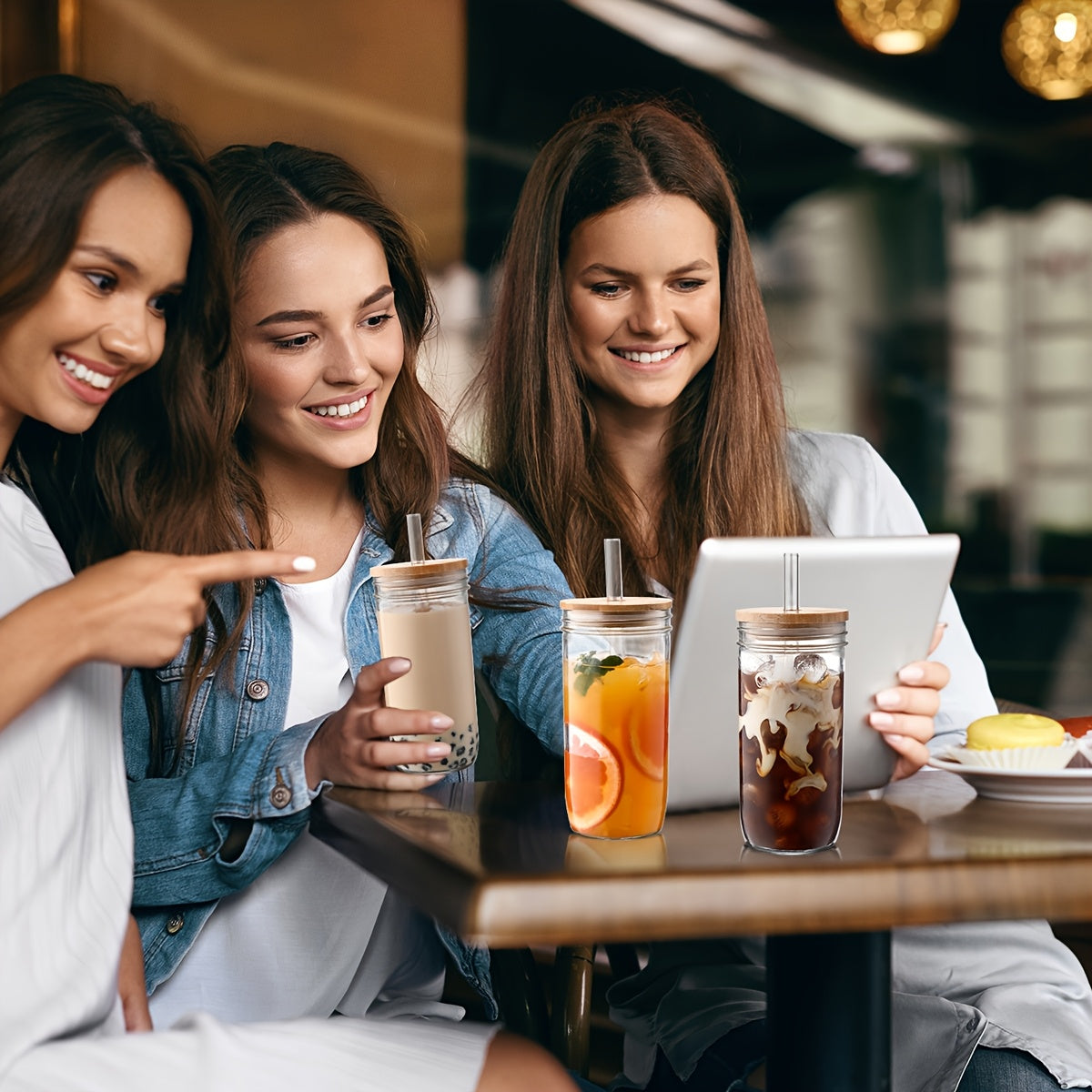 4 Caviar Cups, Large Capacity Glass Cups with Straw And Bamboo Lid, 24oz Mason Cups, Straw Milk Tea Cups, Car Ice Cups, Suitable for Beverages, Milk Tea, Beer, Exquisite Gifts