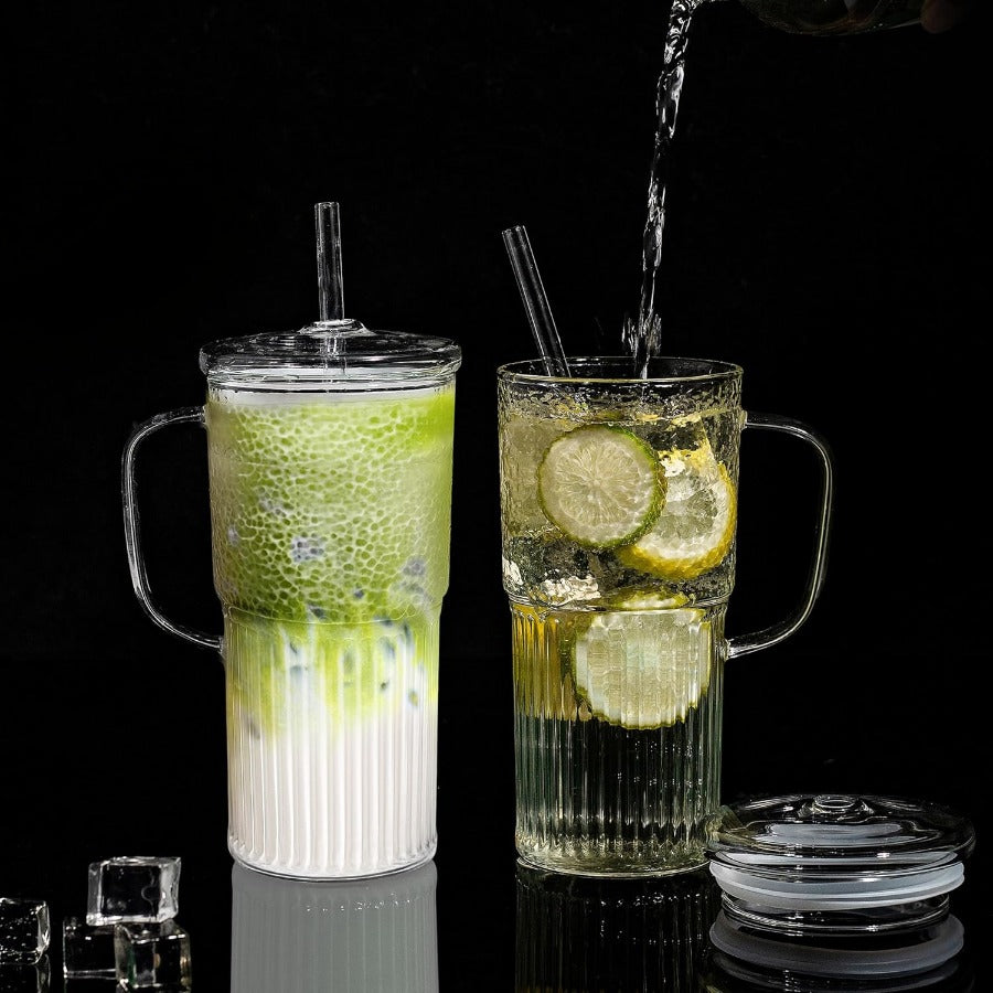 2pcs Amzcku 20oz Borosilicate Glass Tumblers with Lids & Straws - Wide Mouth, Handle, Clear Ice Coffee Cups for Smoothies, Iced Beverages, Citrus & Purple Drinks, Beverage Drinking Glasses | Stylish Clear Cups | Durable Glassware
