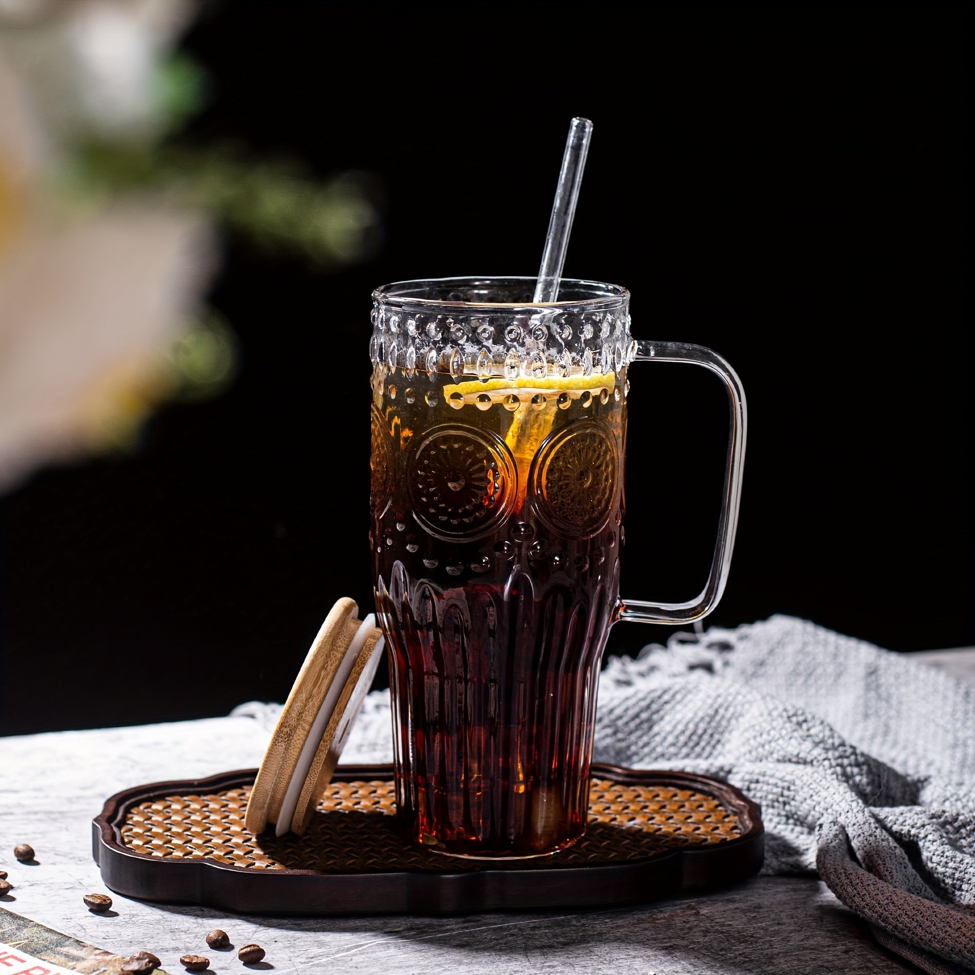 32oz Vintage Glass Cup With Handle With Bamboo Lids And Straws - Borosilicate Glass Tumbler For Hot And Cold Drinks
