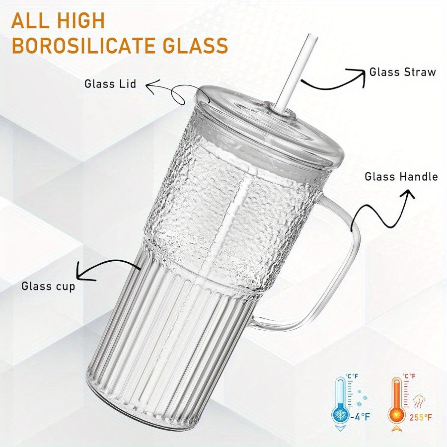2pcs Amzcku 20oz Borosilicate Glass Tumblers with Lids & Straws - Wide Mouth, Handle, Clear Ice Coffee Cups for Smoothies, Iced Beverages, Citrus & Purple Drinks, Beverage Drinking Glasses | Stylish Clear Cups | Durable Glassware