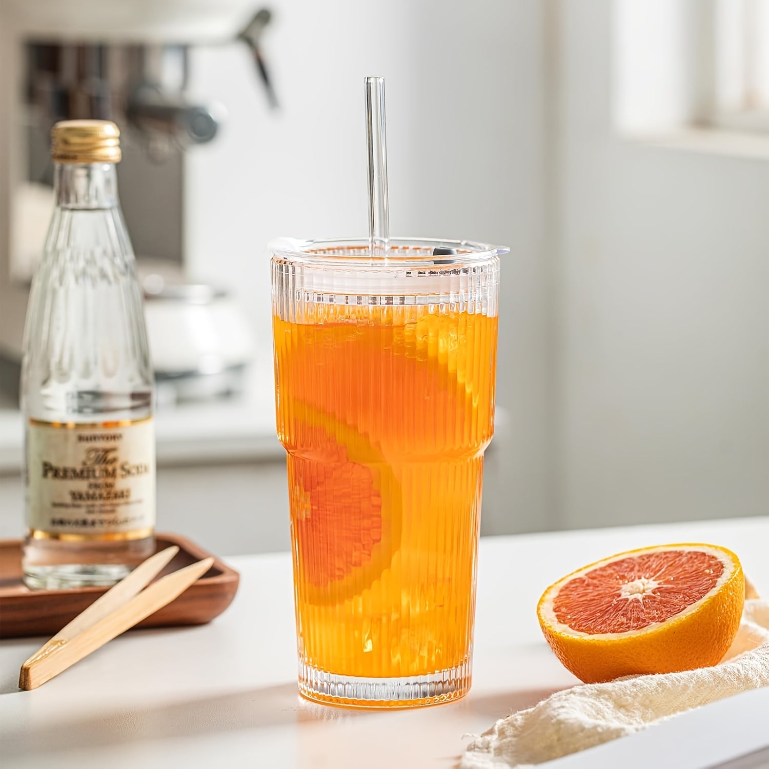 2pcs Set Of 600ml/20oz Glassware with Lid And Glass Straw Ribbed Glass Bucket, Thick Glass, Perfect for Iced Coffee, Smoothies, Cocktails, And Juices - Elegant And Durable Beverages