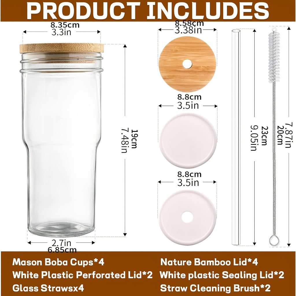 12pcs Glasses (4 White Lids + 4 Wooden Lids + 4 Glasses), Mason Jar Mugs, Storage Jars, 24 Oz Smoothie Glasses, Reusable Iced Coffee Mugs, Boba Mugs, Perfect Christmas Gift, New Year'S Gifts