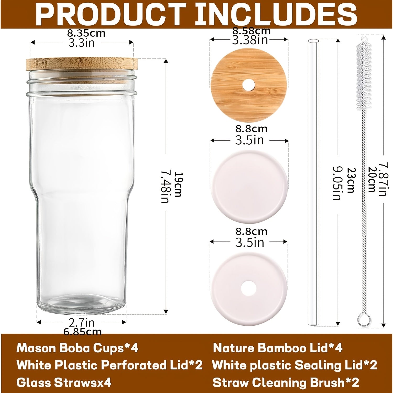 12pcs Glasses (4 White Lids + 4 Wooden Lids + 4 Glasses), Mason Jar Mugs, Storage Jars, 24 Oz Smoothie Glasses, Reusable Iced Coffee Mugs, Boba Mugs, Perfect Christmas Gift, New Year'S Gifts