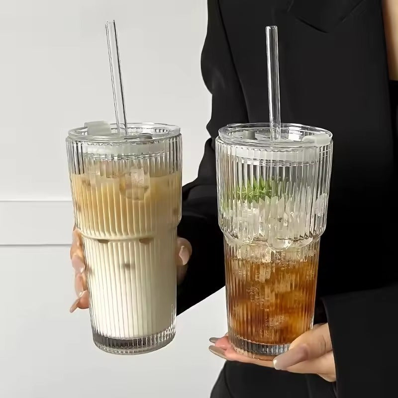 1Set 13.53/20.29oz Cup, Straws and Lids Wind High Value Glass Coffee Cup Simple Vertical Stripe Straw Cup Easy Cup Ice American Latte Water Cup