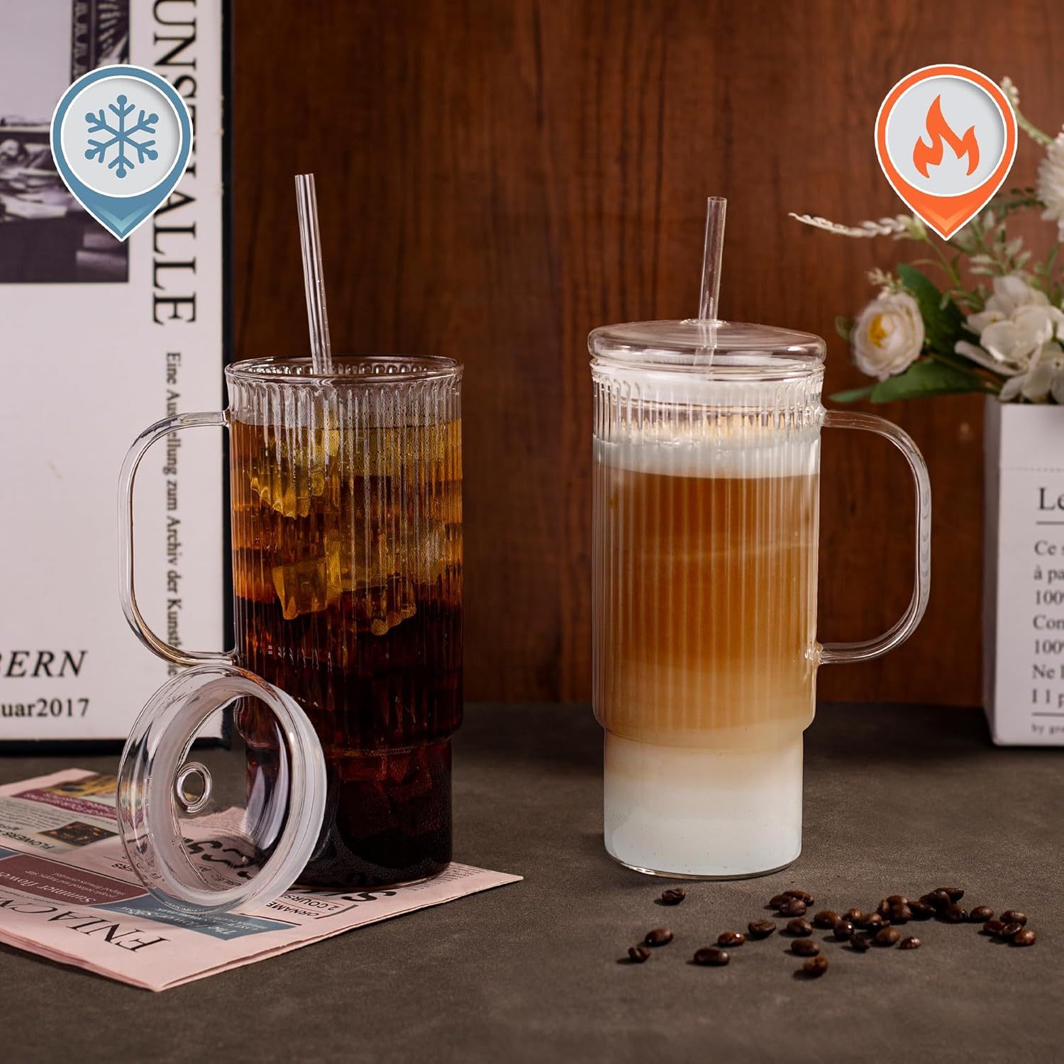32oz Ribbed Glass Cup with Handle glass Lid and Plastic Straw, Glass Tumbler, Iced Coffee Cups Hot/ Cold Drinks