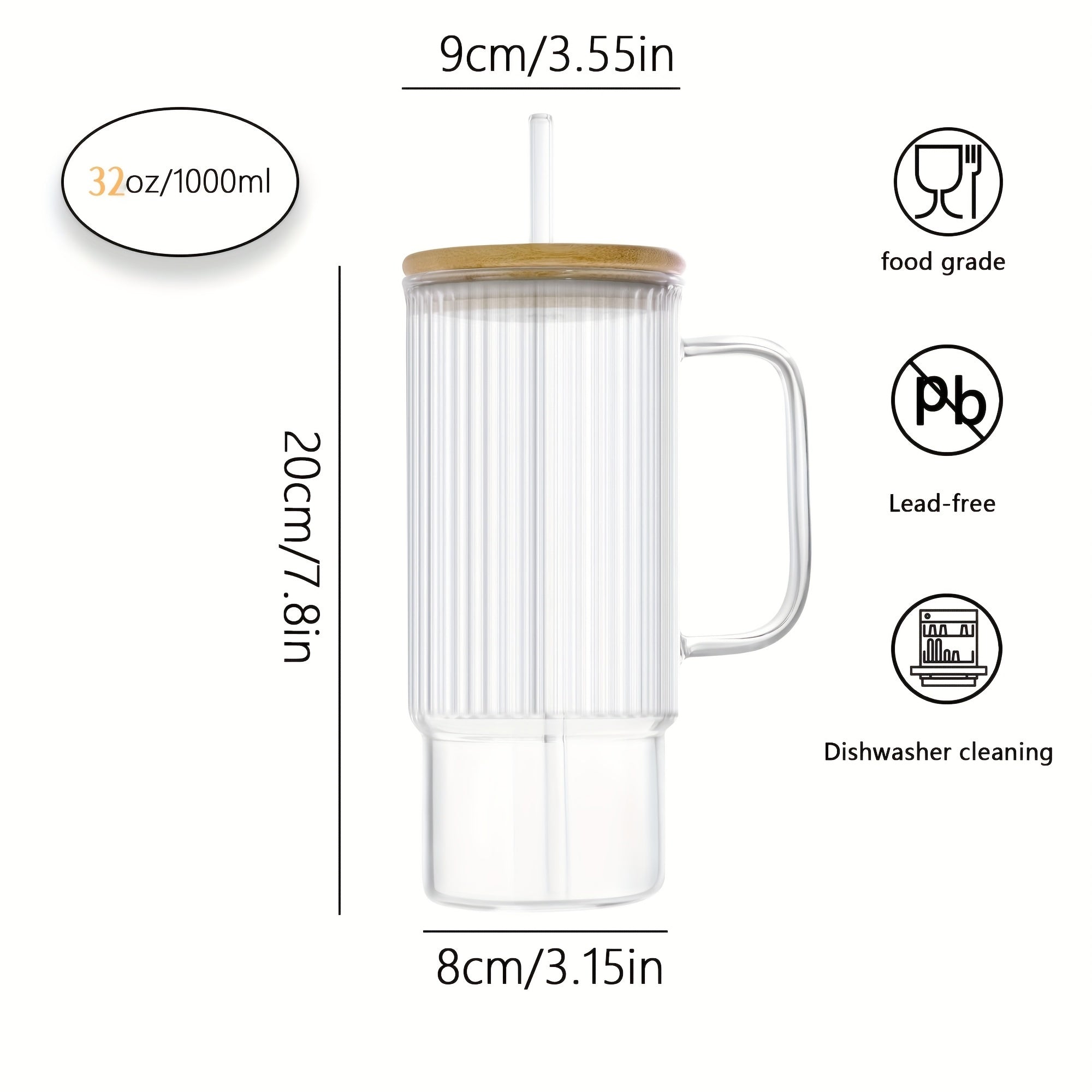 32oz Ribbed Glass Cup with Handle Bamboo Lid and Straw, Glass Tumbler, Iced Coffee Cups Hot/ Cold Drinks