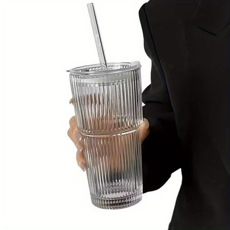 1Set 13.53/20.29oz Cup, Straws and Lids Wind High Value Glass Coffee Cup Simple Vertical Stripe Straw Cup Easy Cup Ice American Latte Water Cup