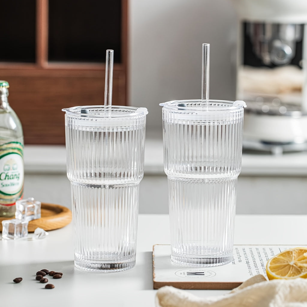 2pcs Set Of 600ml/20oz Glassware with Lid And Glass Straw Ribbed Glass Bucket, Thick Glass, Perfect for Iced Coffee, Smoothies, Cocktails, And Juices - Elegant And Durable Beverages