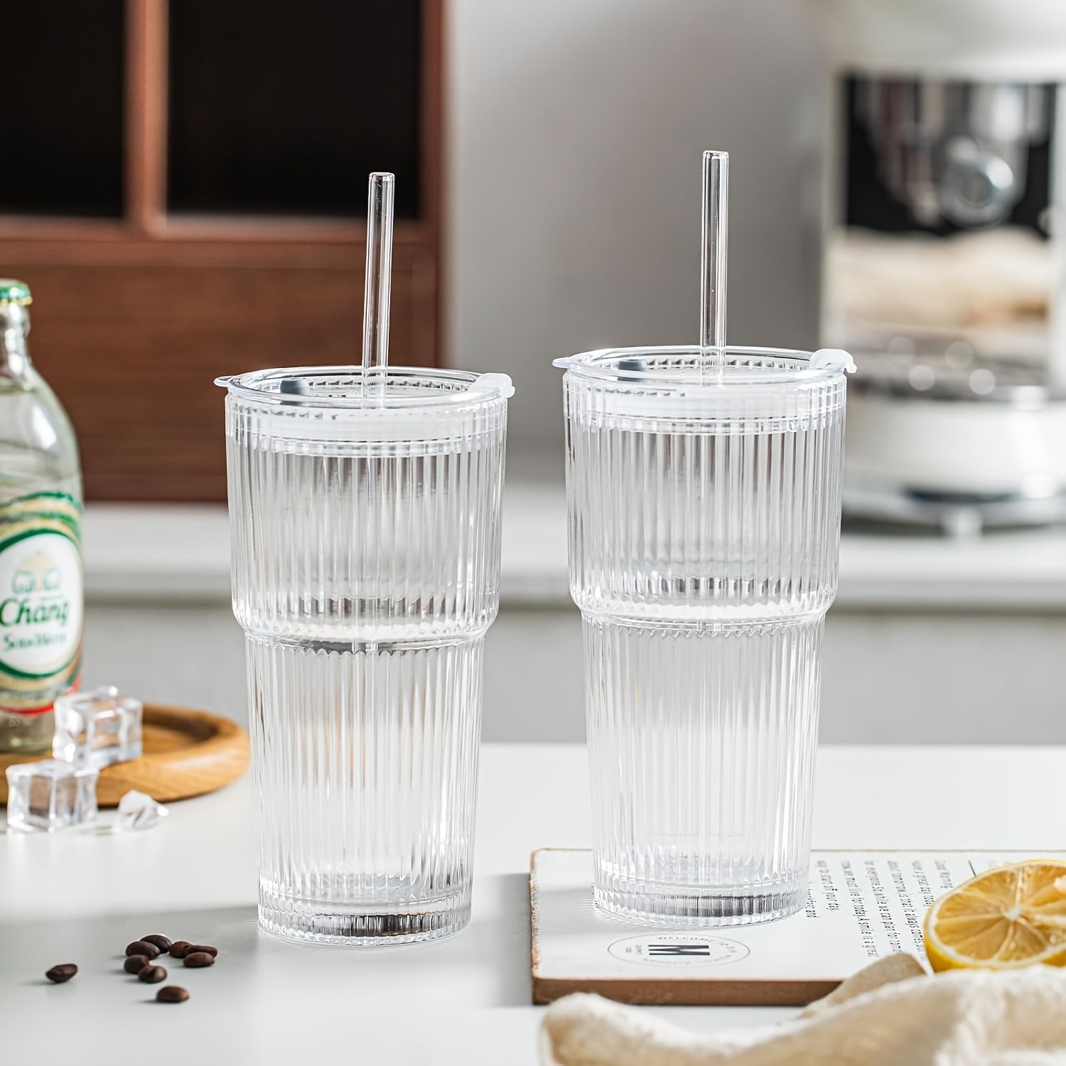 2pcs Set Of 600ml/20oz Glassware with Lid And Glass Straw Ribbed Glass Bucket, Thick Glass, Perfect for Iced Coffee, Smoothies, Cocktails, And Juices - Elegant And Durable Beverages