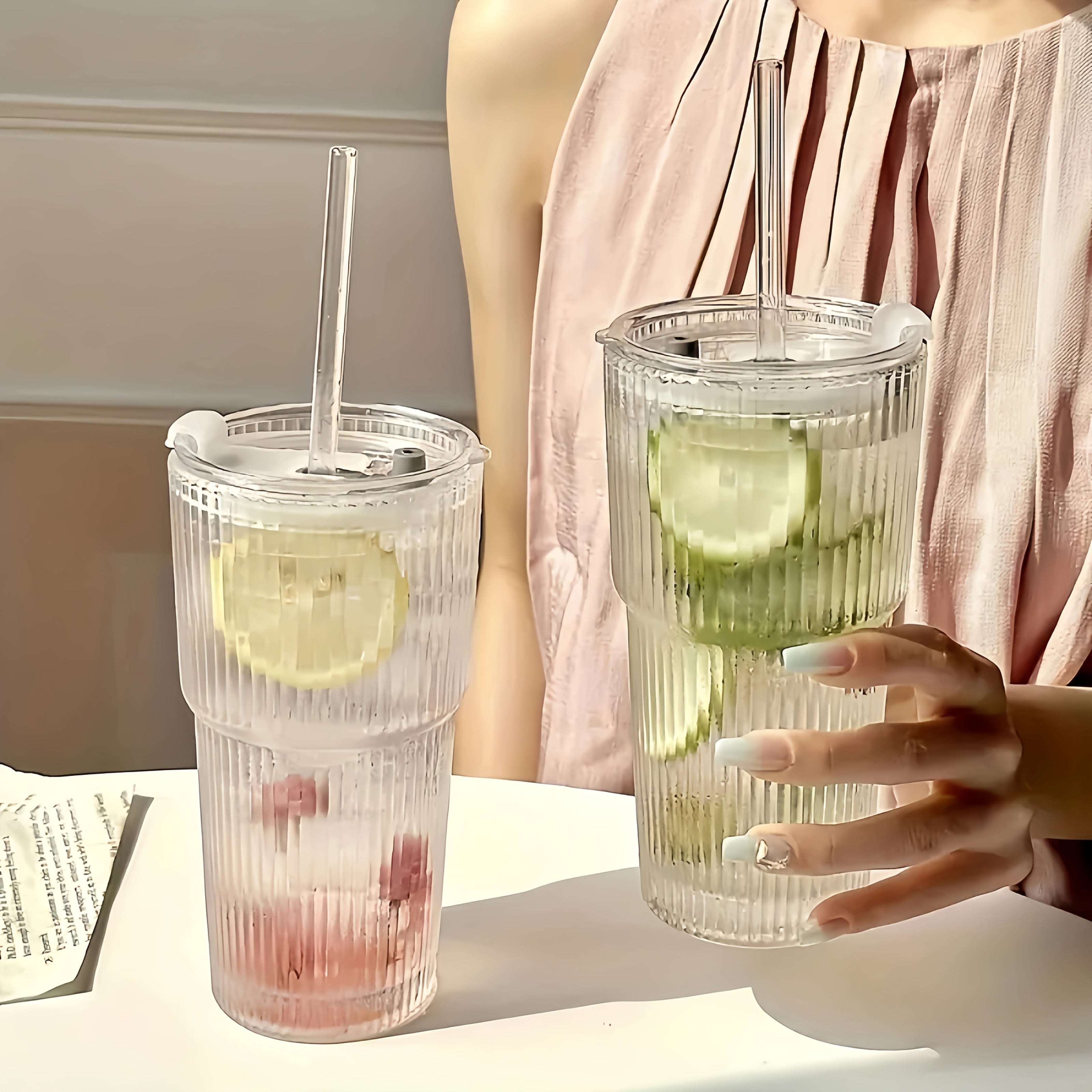 2pcs Ribbed Glass Cups with Lids & Straws, 20oz Reusable Cleaning Brushes for Iced Coffee, Juice, Smoothies - Non-Slip, Dishwasher Safe, Perfect for Home, Office, Parties, Party Supplies | Ribbed Texture Cup | Durable Glass Cup