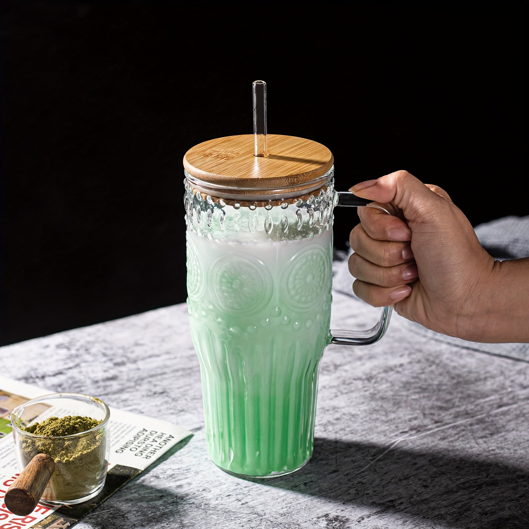 32oz Vintage Glass Cup With Handle With Bamboo Lids And Straws - Borosilicate Glass Tumbler For Hot And Cold Drinks