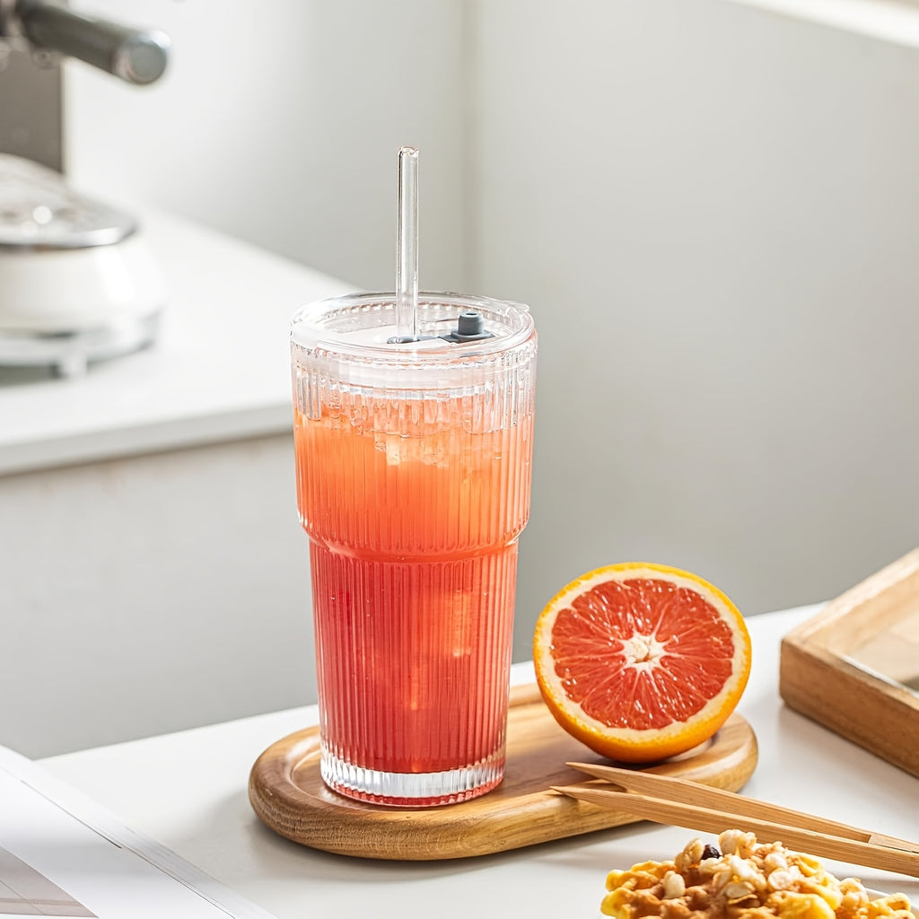 2pcs Set Of 600ml/20oz Glassware with Lid And Glass Straw Ribbed Glass Bucket, Thick Glass, Perfect for Iced Coffee, Smoothies, Cocktails, And Juices - Elegant And Durable Beverages