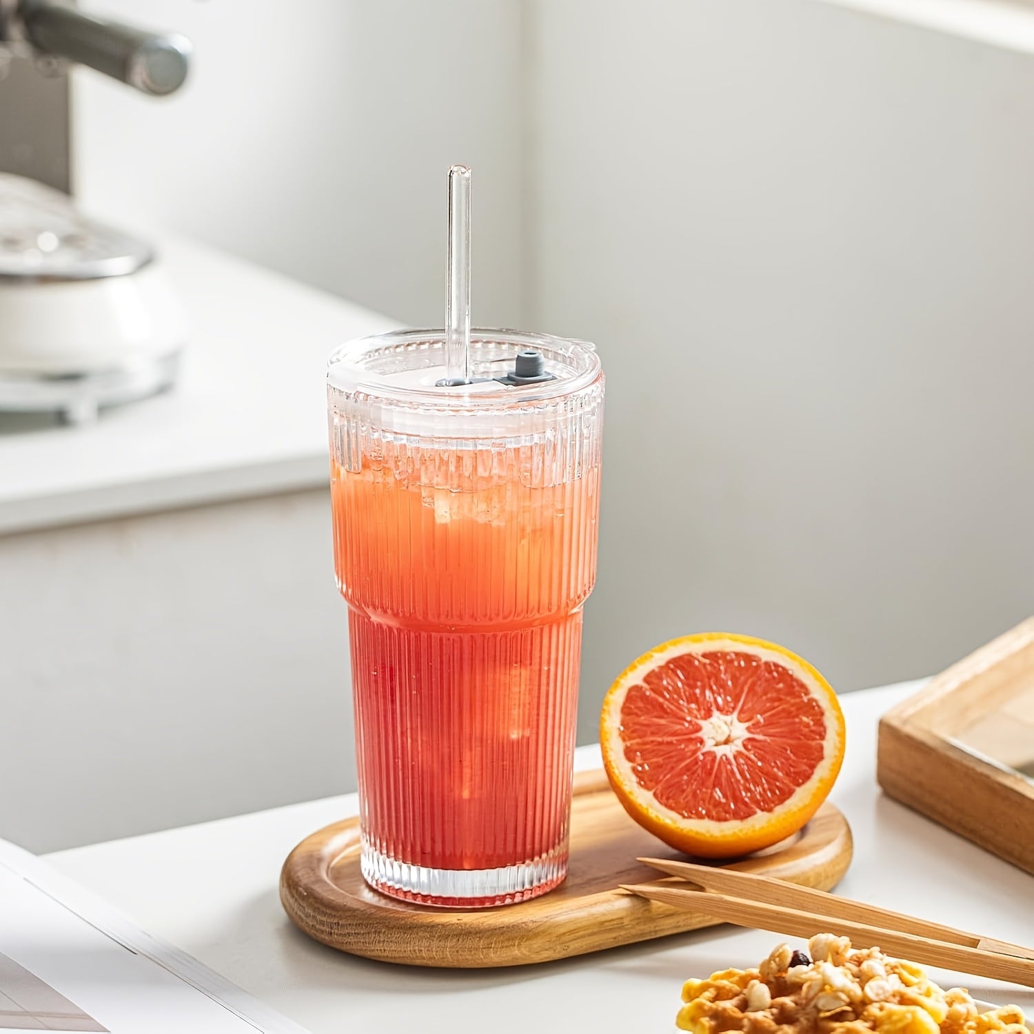 2pcs Set Of 600ml/20oz Glassware with Lid And Glass Straw Ribbed Glass Bucket, Thick Glass, Perfect for Iced Coffee, Smoothies, Cocktails, And Juices - Elegant And Durable Beverages
