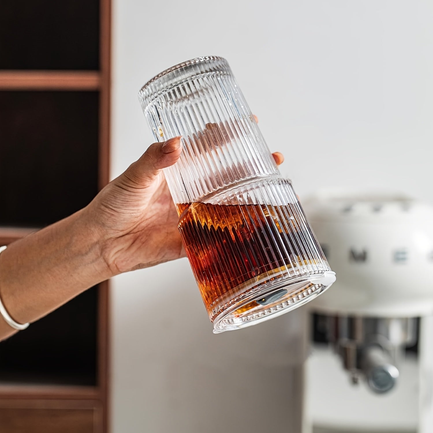 2pcs Set Of 600ml/20oz Glassware with Lid And Glass Straw Ribbed Glass Bucket, Thick Glass, Perfect for Iced Coffee, Smoothies, Cocktails, And Juices - Elegant And Durable Beverages