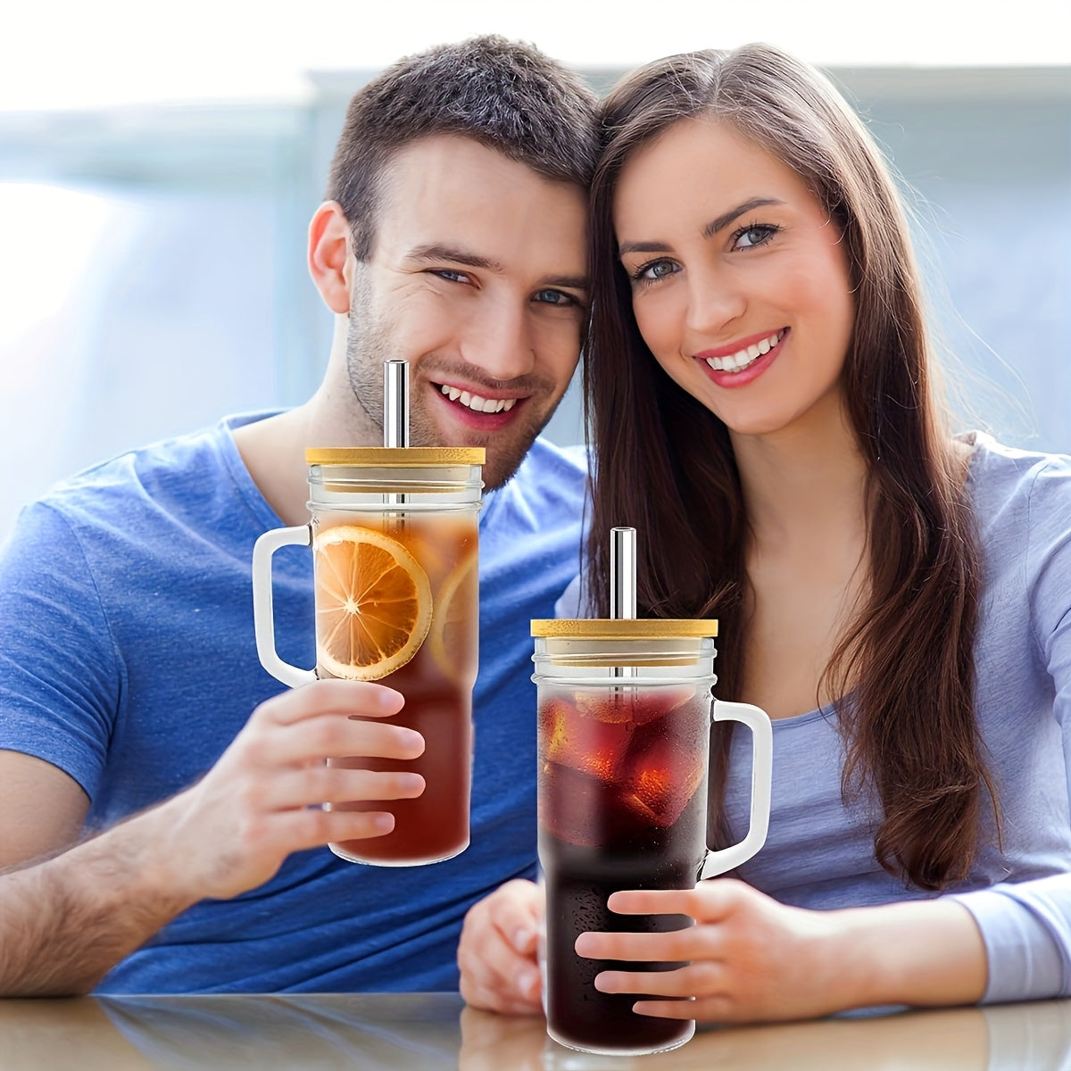 2/4pcs Glass Cup With Handle, Reusable Glass Cup With Lid And Wide Mouth Straw, Boba Cup Smoothie Cup Tipping Cup Iced Coffee Cup Car Cup, Complimentary Straw Brush And Cup Brush