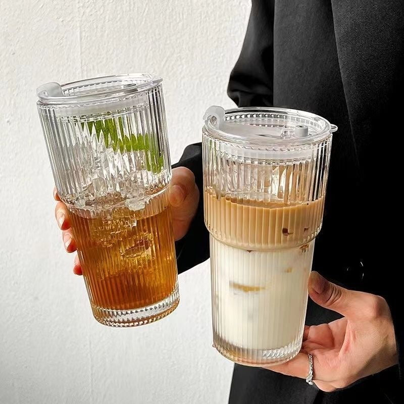 1Set 13.53/20.29oz Cup, Straws and Lids Wind High Value Glass Coffee Cup Simple Vertical Stripe Straw Cup Easy Cup Ice American Latte Water Cup