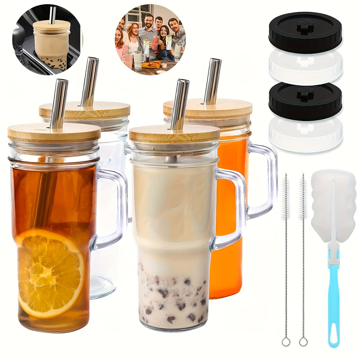 2/4pcs Glass Cup With Handle, Reusable Glass Cup With Lid And Wide Mouth Straw, Boba Cup Smoothie Cup Tipping Cup Iced Coffee Cup Car Cup, Complimentary Straw Brush And Cup Brush