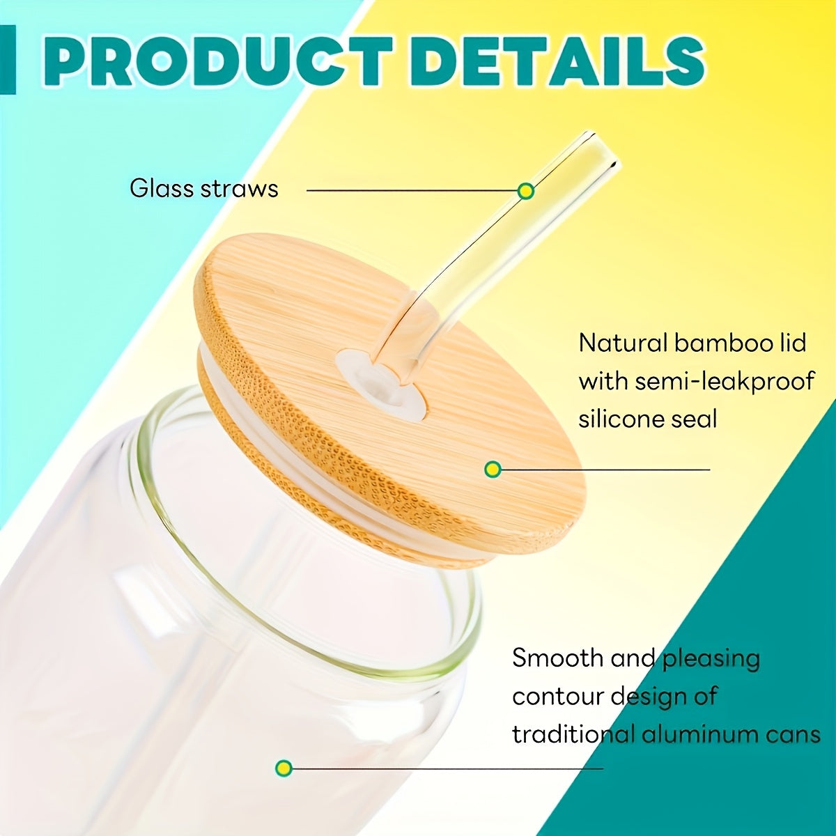 16pcs Glass Cup With Bamboo Lid And Glass Straw, Wife Gives To Mother - Cylindrical Drinking Cup, 16 Oz Iced Coffee Cup, Smoothie, Boba Tea, Water - 2 Cleaning Brushes