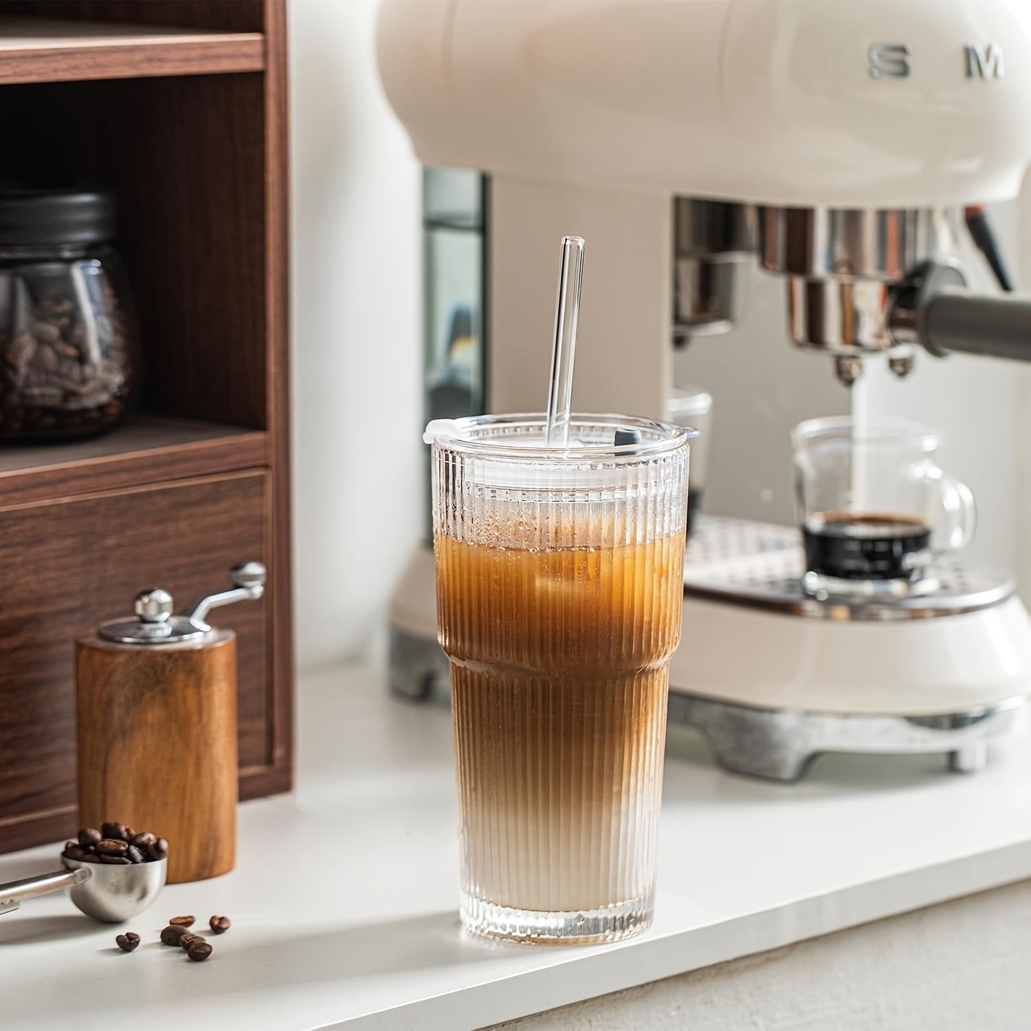 2pcs Set Of 600ml/20oz Glassware with Lid And Glass Straw Ribbed Glass Bucket, Thick Glass, Perfect for Iced Coffee, Smoothies, Cocktails, And Juices - Elegant And Durable Beverages